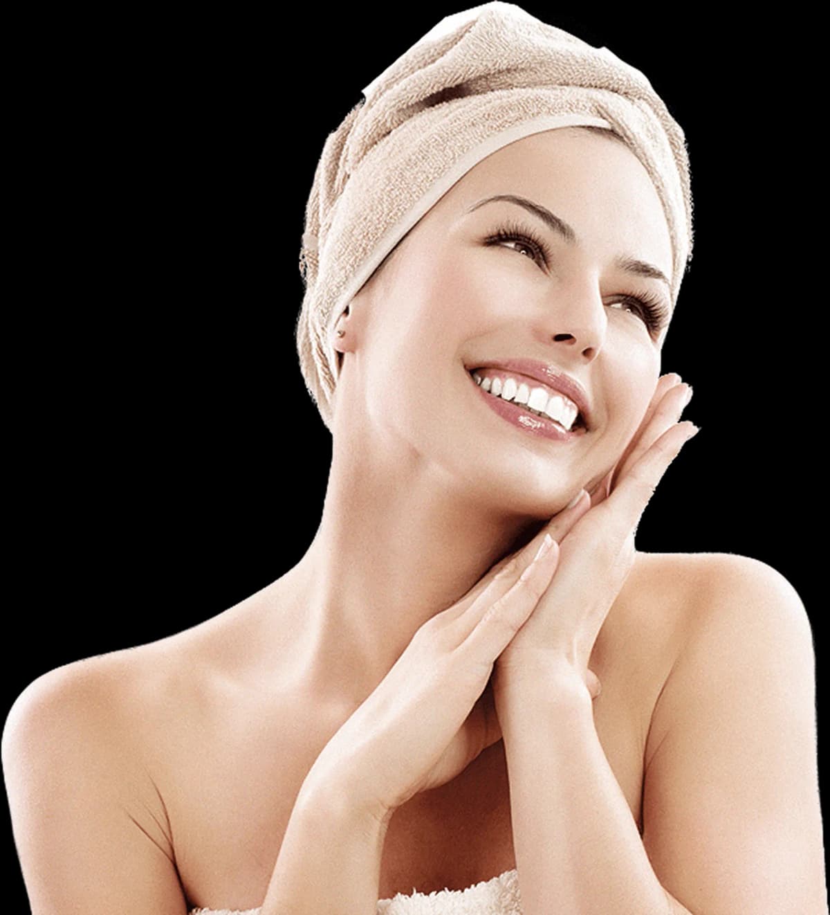 Woman with towel wrapped around her head