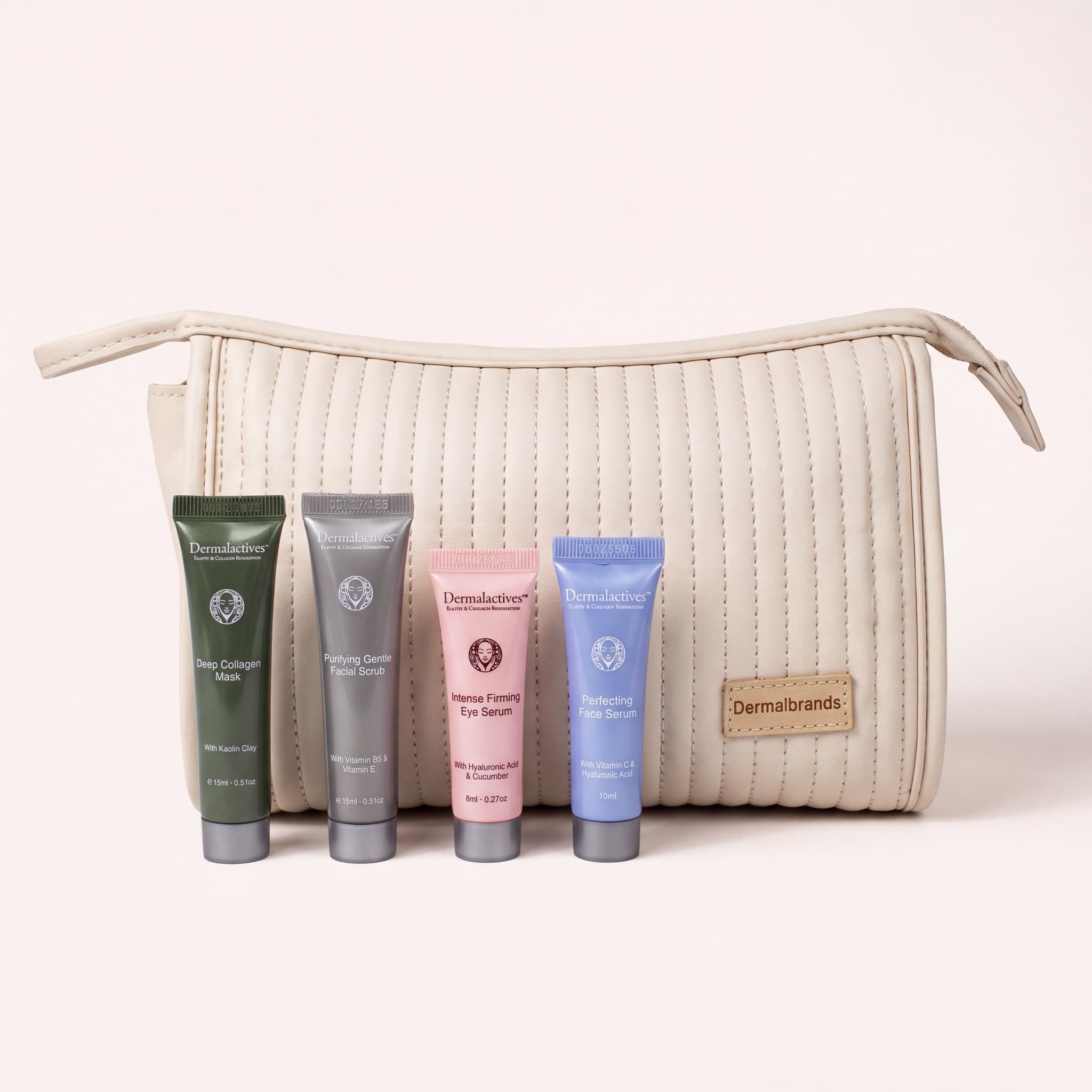 Dermalactives Travel Skin Essentials: cream quilted travel pouch with four mini tubes